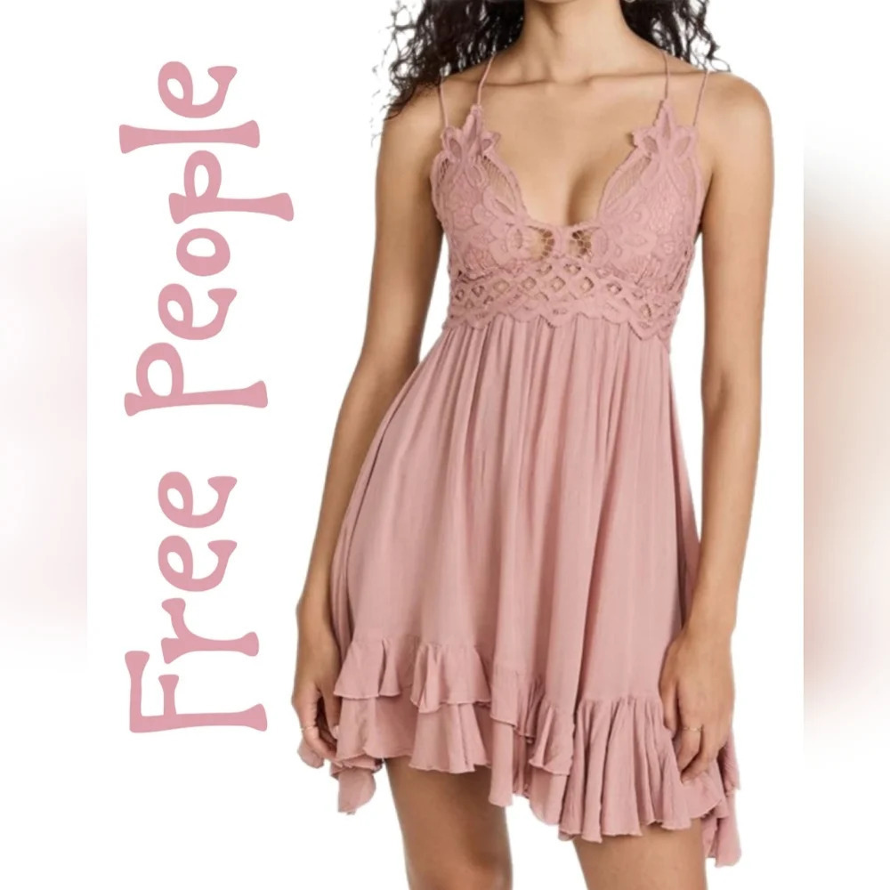 Free People Blush Pink Lace-Trim Mini Dress